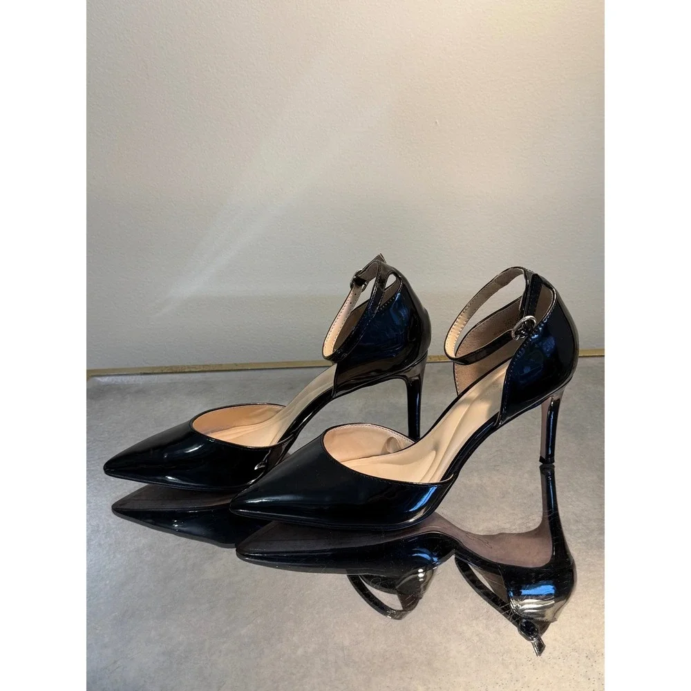 Jessica Simpson Shulla 8M Black Patent Pointed Toe Ankle Strap Stiletto Pumps